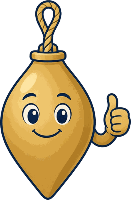 Bob, a smiling brass plumb bob, giving a thumbs up