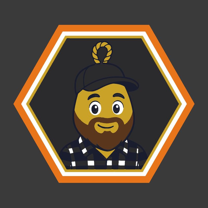 Embroidery design for the cap: Rugged Bob's face in an orange hexagon badge