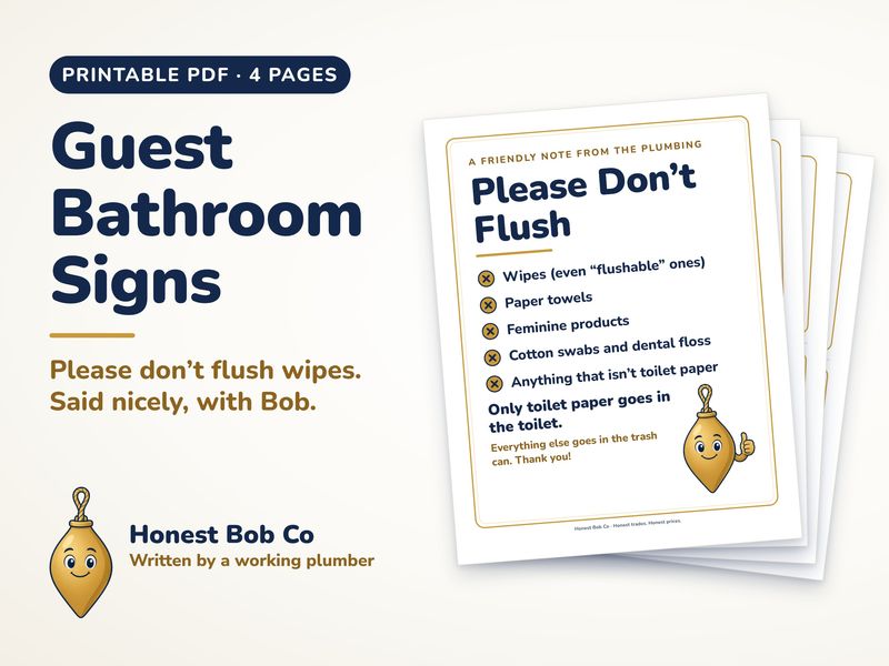 Printable guest bathroom signs, including a please don't flush wipes sign