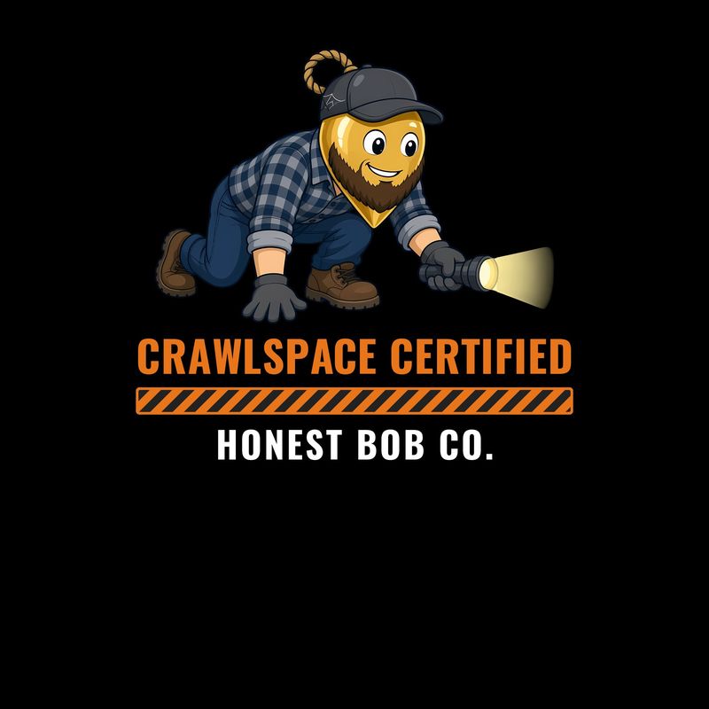 Hoodie front print design: Rugged Bob crawling with a flashlight above the words Crawlspace Certified