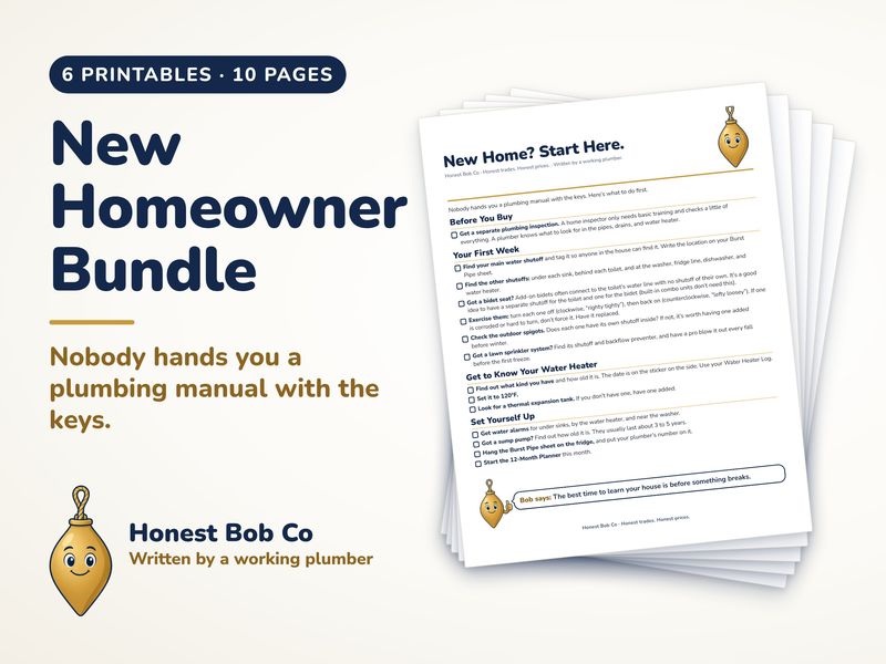 New Homeowner Bundle: six plumbing printables fanned out