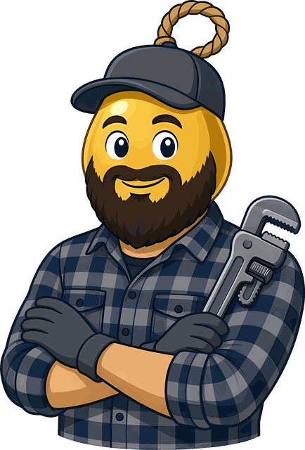 Rugged Bob: a plumb bob with a beard and a cap, in a flannel shirt, arms crossed, holding a pipe wrench