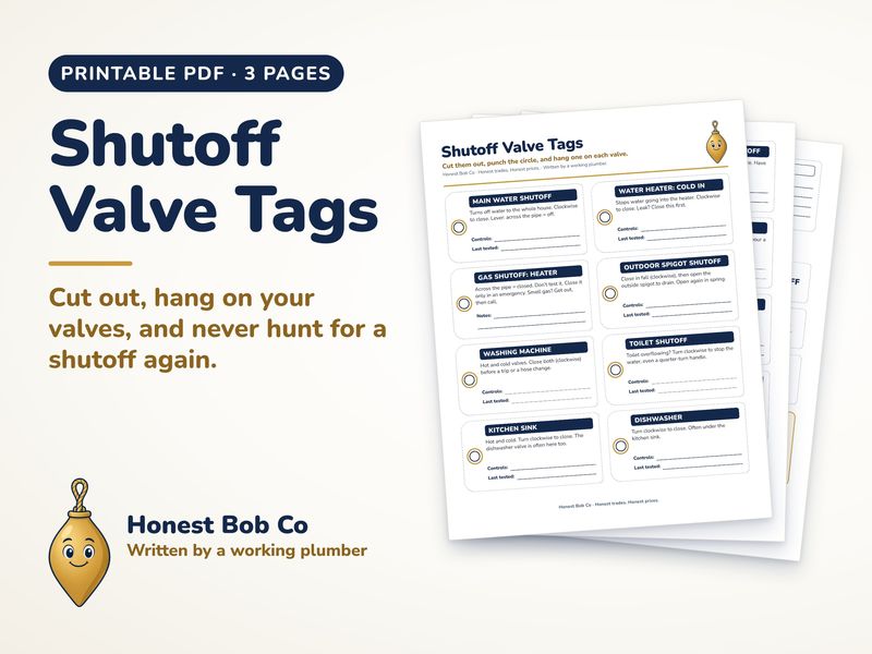 Printable shutoff valve tags for the main water shutoff and other valves