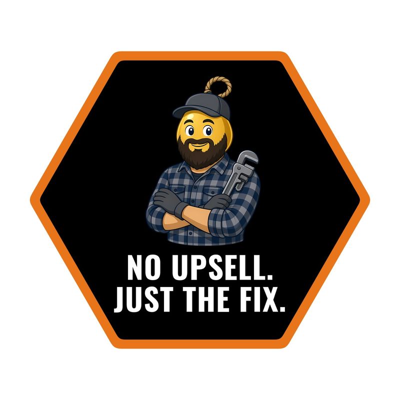 Hexagon sticker design: Rugged Bob with arms crossed and the words No Upsell. Just the Fix.