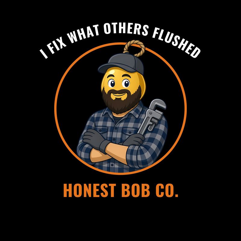 Tee back print design: Rugged Bob with arms crossed in an orange circle, text I Fix What Others Flushed, Honest Bob Co