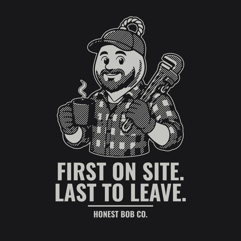 Simulated preview of the tumbler engraving, not a photo: Rugged Bob holding coffee and a wrench, text First on Site. Last to Leave.