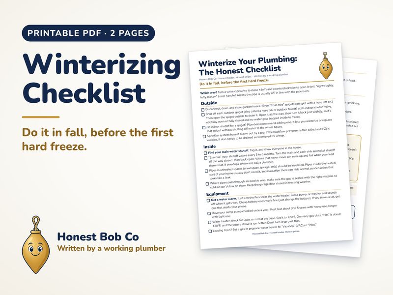 Winterizing Checklist printable, 2 pages, shown on a table